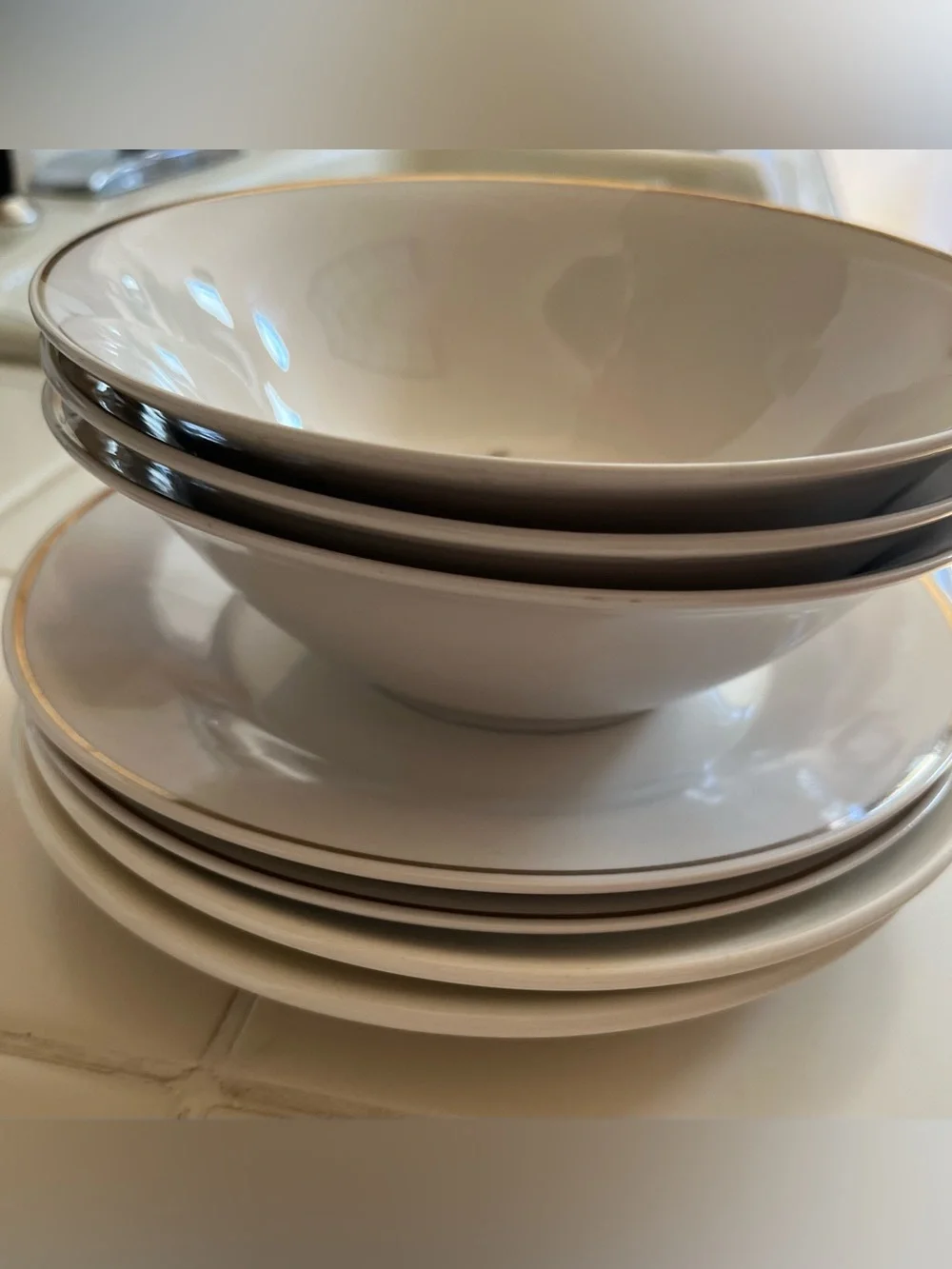 Classic White Ceramic Bowl Set with Subtle Silver Rim